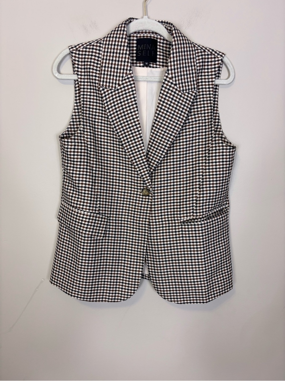 Mina Self Black & Brown Gingham Sleeveless Blazer Vest Women’s Medium